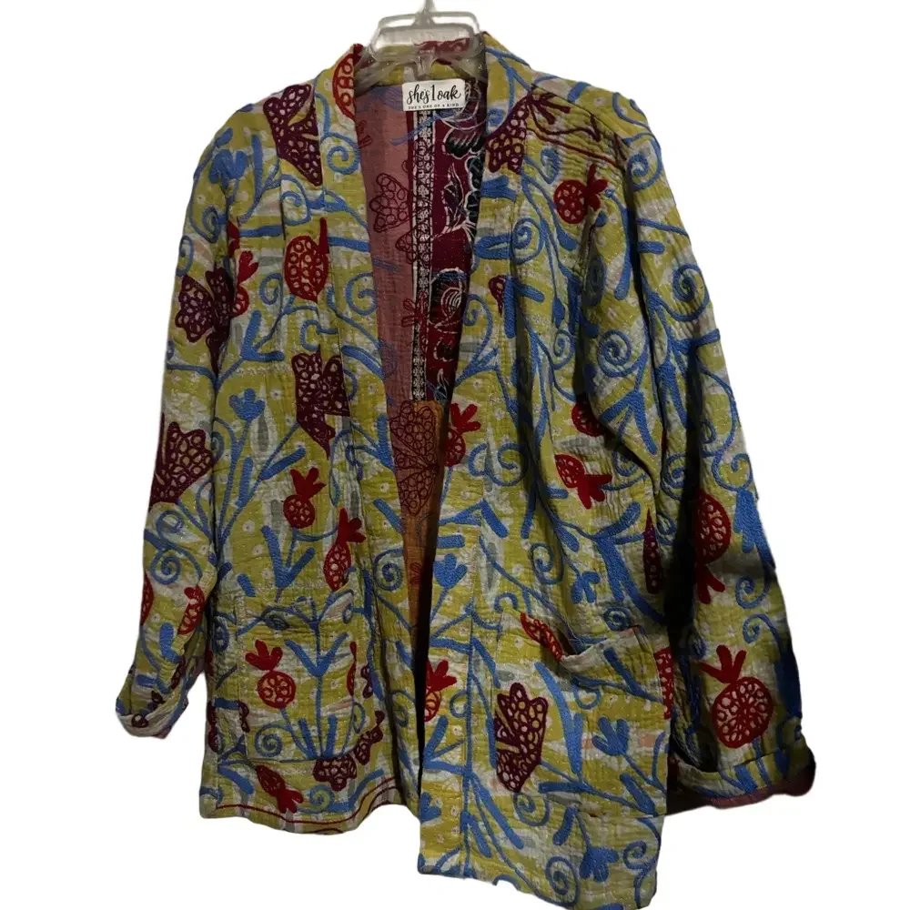 Embroidered Floral Open-Front Jacket in Yellow and Red - Picture 2 of 5